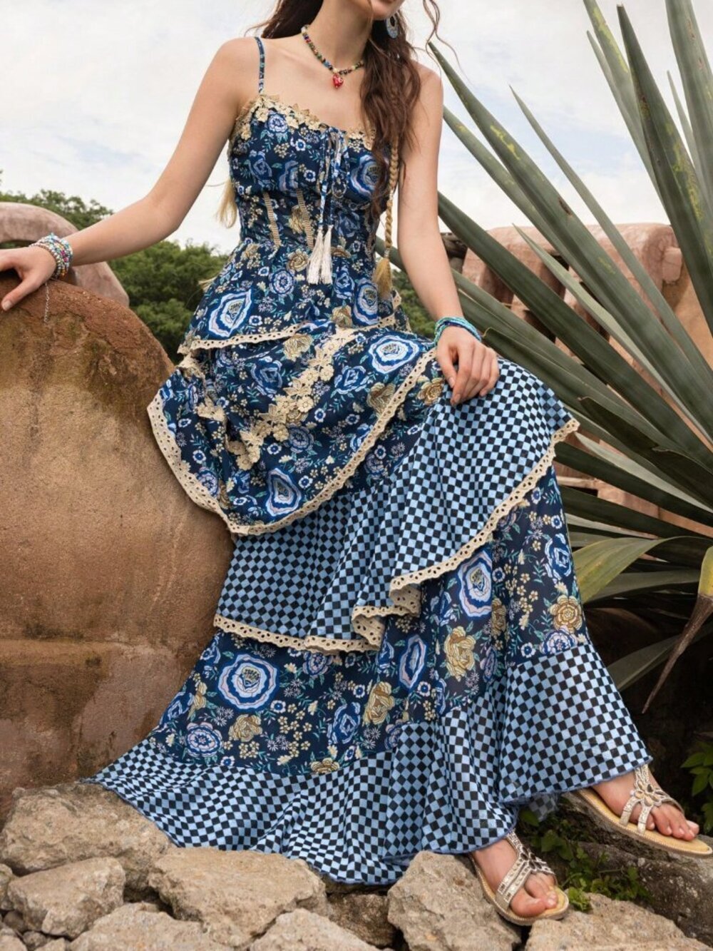 Blue Bohemian Casual Women's Elegant Chiffon Dress with Lace Tassel Tiered Hem - Picture 7 of 11